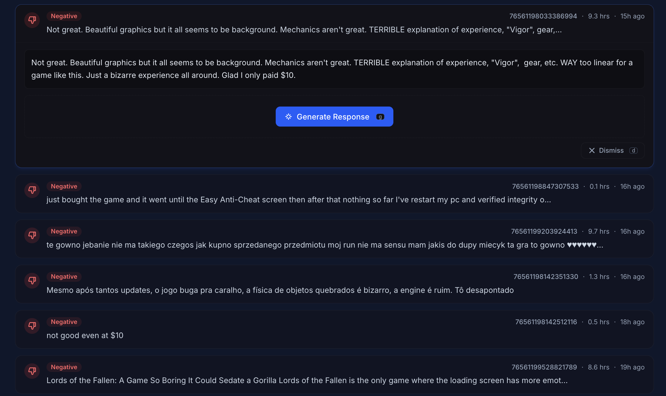 Review queue showing AI-generated response draft for a negative Steam review